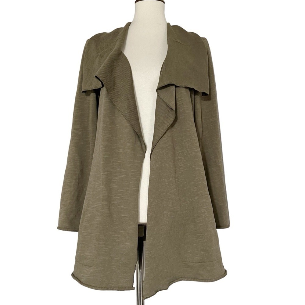 J.Jill Women's Olive Green Open Front Drape Lapel Waterfall Rolled Hem Cardigan